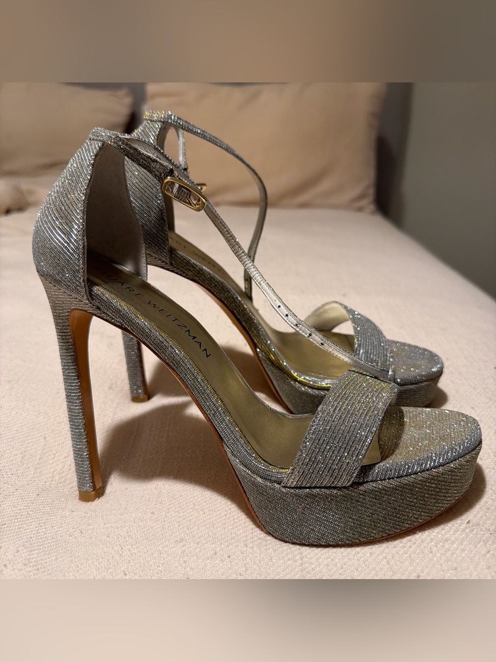 Stuart Weitzman Silver Glitter Platform Heels